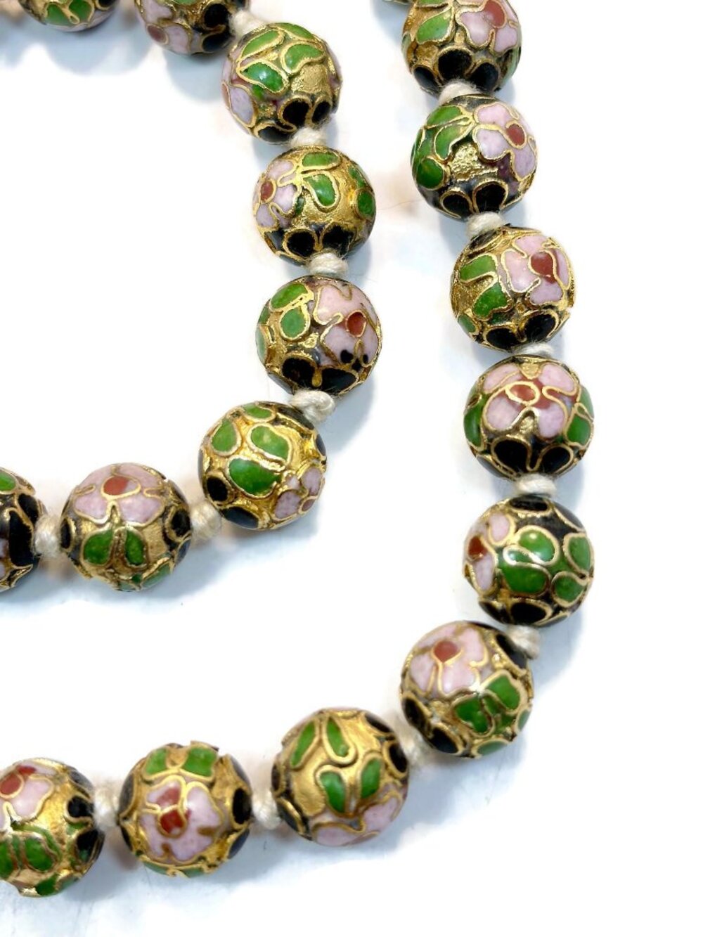 Cloisonne Necklace, Vintage, Chinese Export, Beaded, Gold, Black, 21", 10 mm